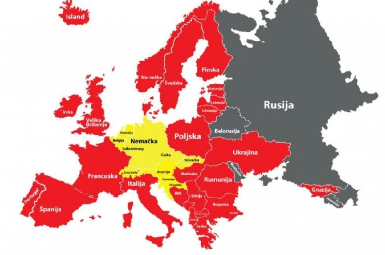 Nova mapa Evrope, izvor portal Republika.
Evropa podeljena na nemačku sferu, američku sferu i ruski svet.