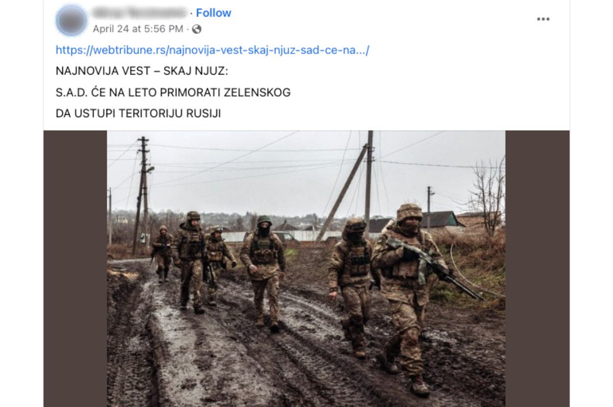 Screenshot Facebook objave sa tvrdnjama da će SAD na leto primorati Zelenskog da ustupi teritoriju Rusiji