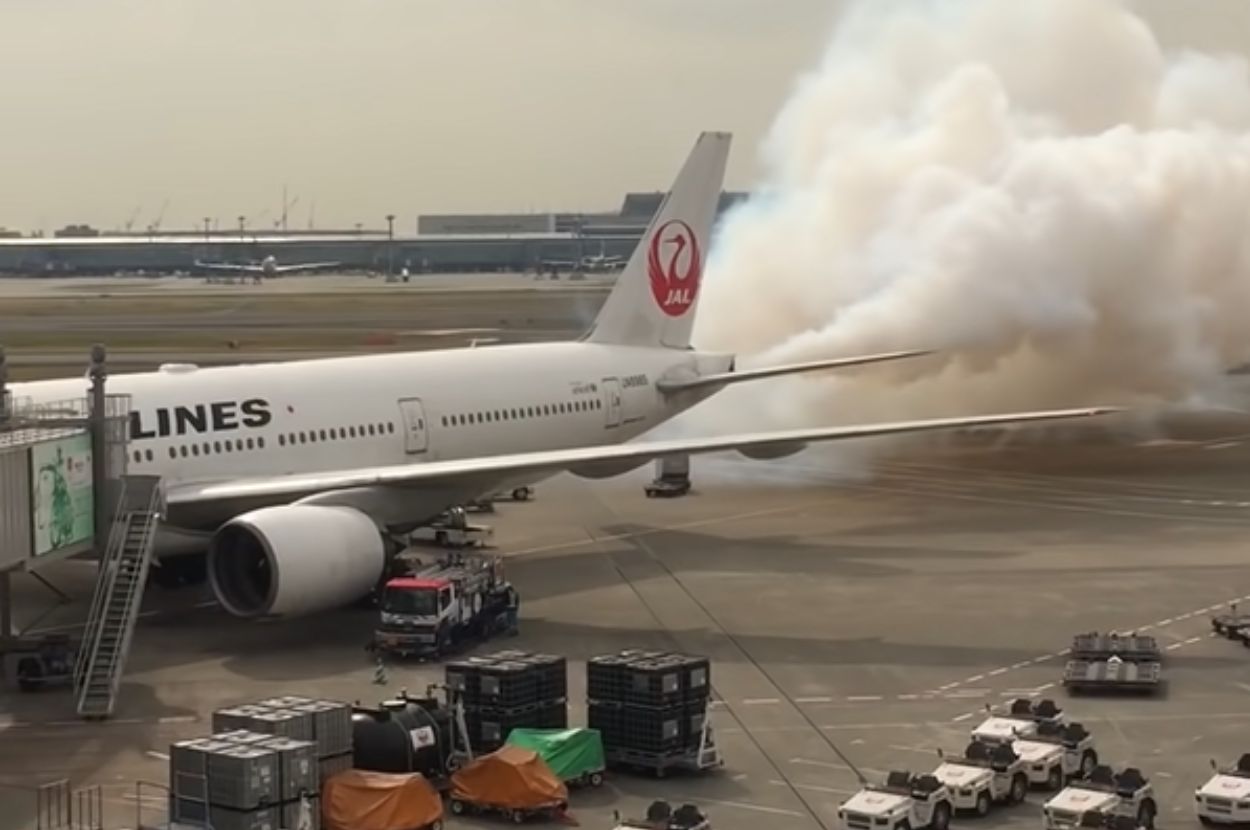 Screenshot/Snimak aviona kompanije Japan Airlines koji ispušta gustu belu paru ili dim na pisti aerodroma