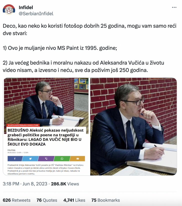 Tvit o fotografiji predsednika u OŠ Vladislav Ribnikar
