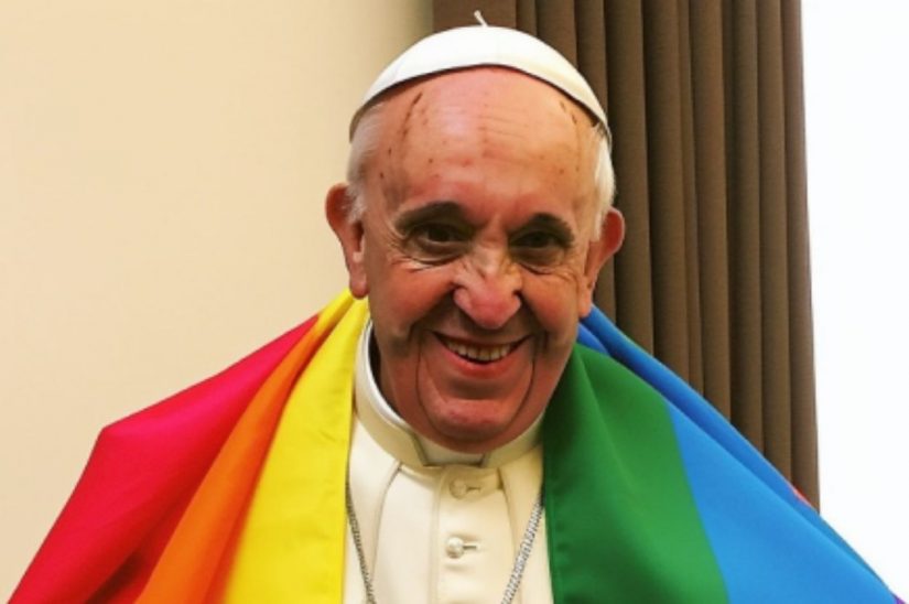 Papa Franja sa zastavom duginih boja, AI fotografija