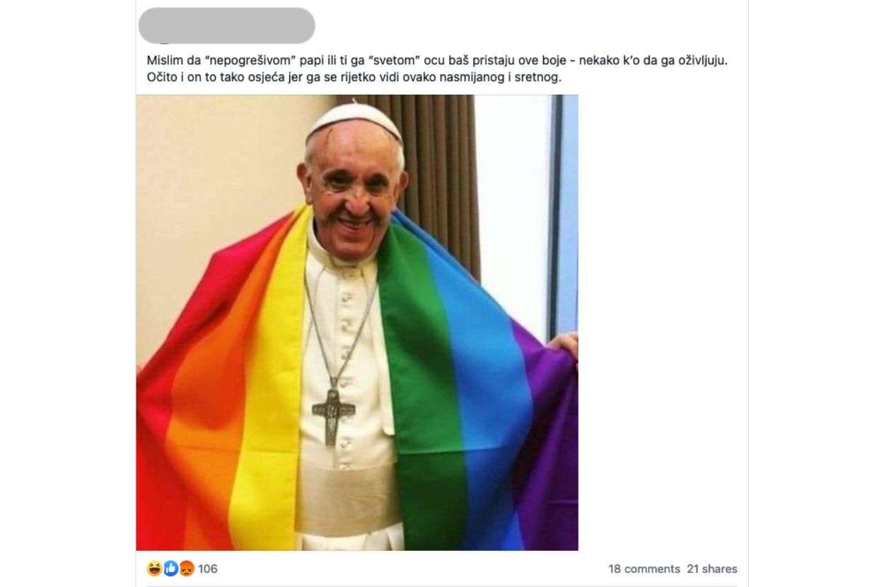 Papa Franja sa zastavom duginih boja, objava AI fotografije na Fejsbuku