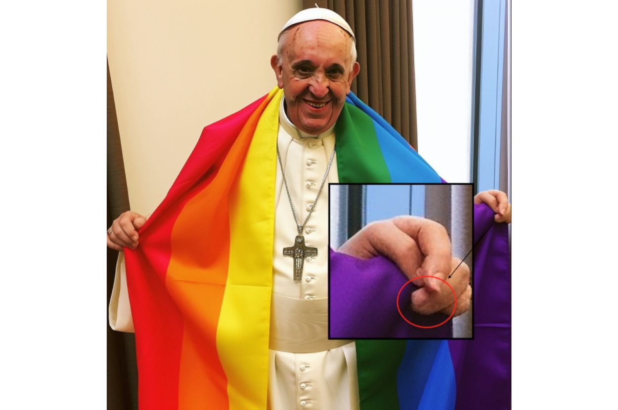 Papa Franja sa zastavom duginih boja, AI fotografija