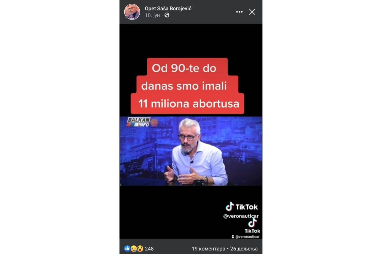 Screenshot snimka na kom Saša Borojević govori o broju abortusa