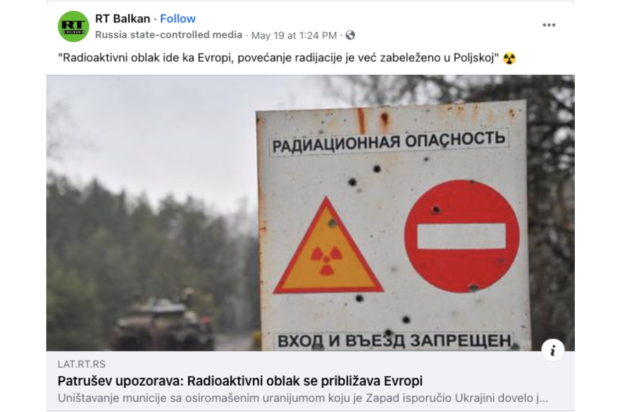 Screenshot objave RT Balkan o radioaktivnom oblaku