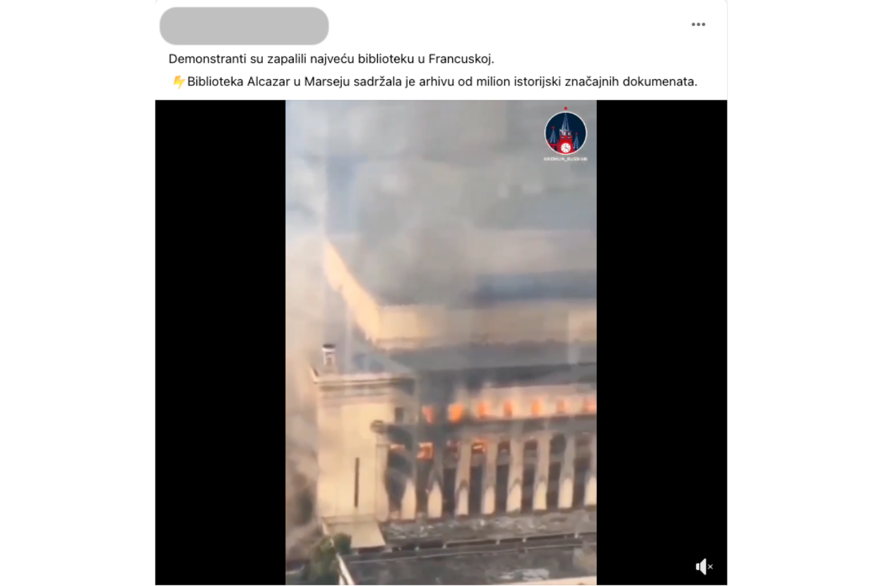 Snimak za koji se tvrdi da je zapaljena biblioteka tokom demonstracija u Francuskoj