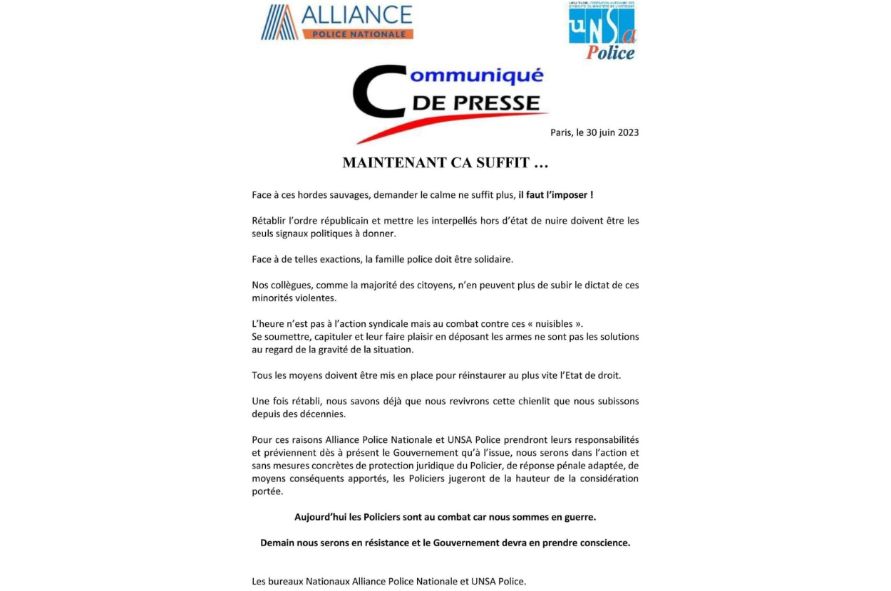 Saopštenje za javnost sindikata francuske policije „Alliance Police Nationale” i „UNSA Police” 