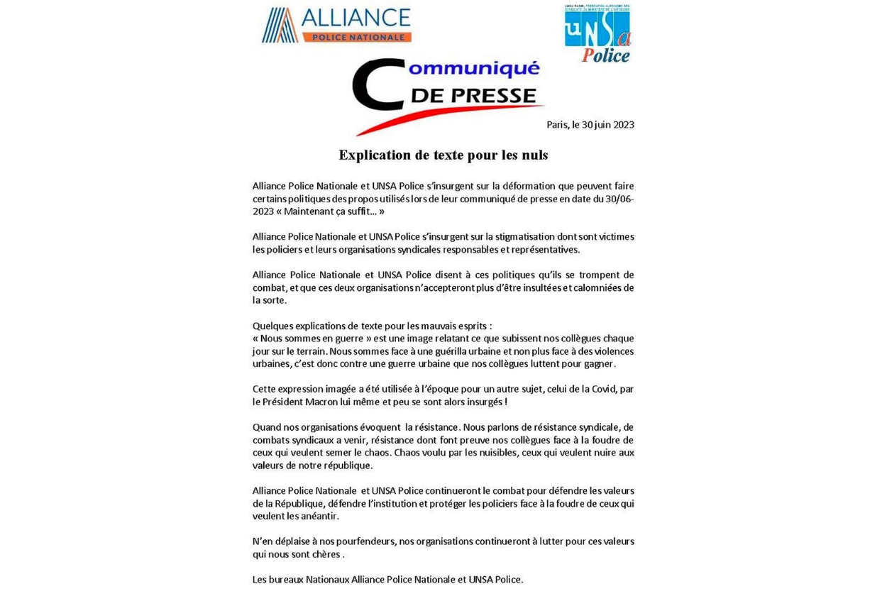 Saopštenje za javnost sindikata francuske policije „Alliance Police Nationale” i „UNSA Police” 