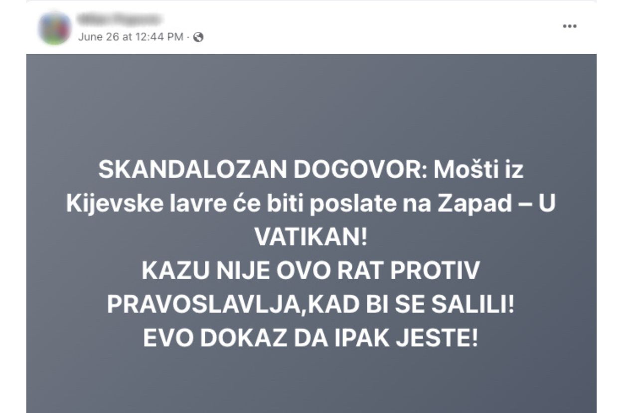 Fejsbuk objava kojom se tvrdi da će biti premeštene mošti iz Kijevsko-pečerske lavre