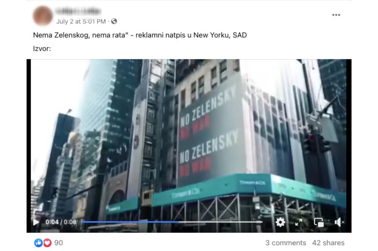 Fejsbuk objava u kojoj se tvrdi da je u Njujorku postavljen reklamni natpis "Nema Zelenskog, nema rata"