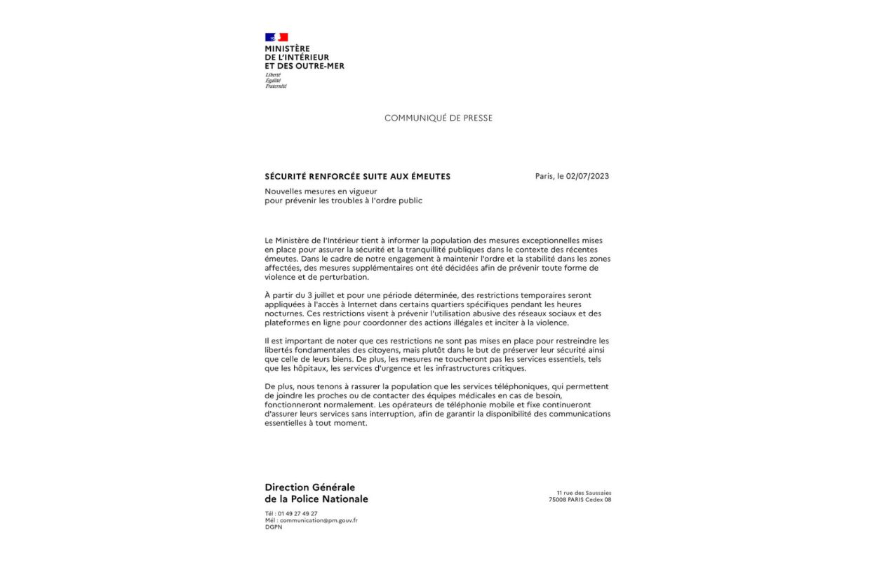 Navodno saopštenje francuskog Ministarstva unutrašnjih poslova u vezi sa gašenjem interneta