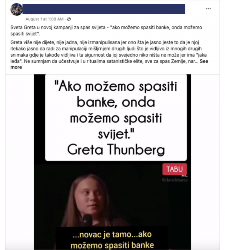 Facebook objava o Greti Tunberg.