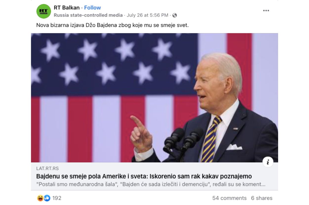 Fejsbuk objava portala „Russia Today Balkan” sa tekstom u kom je predsednik SAD Džo Bajden izjavio da je njegova administracija „iskorenila rak kakav poznajemo”