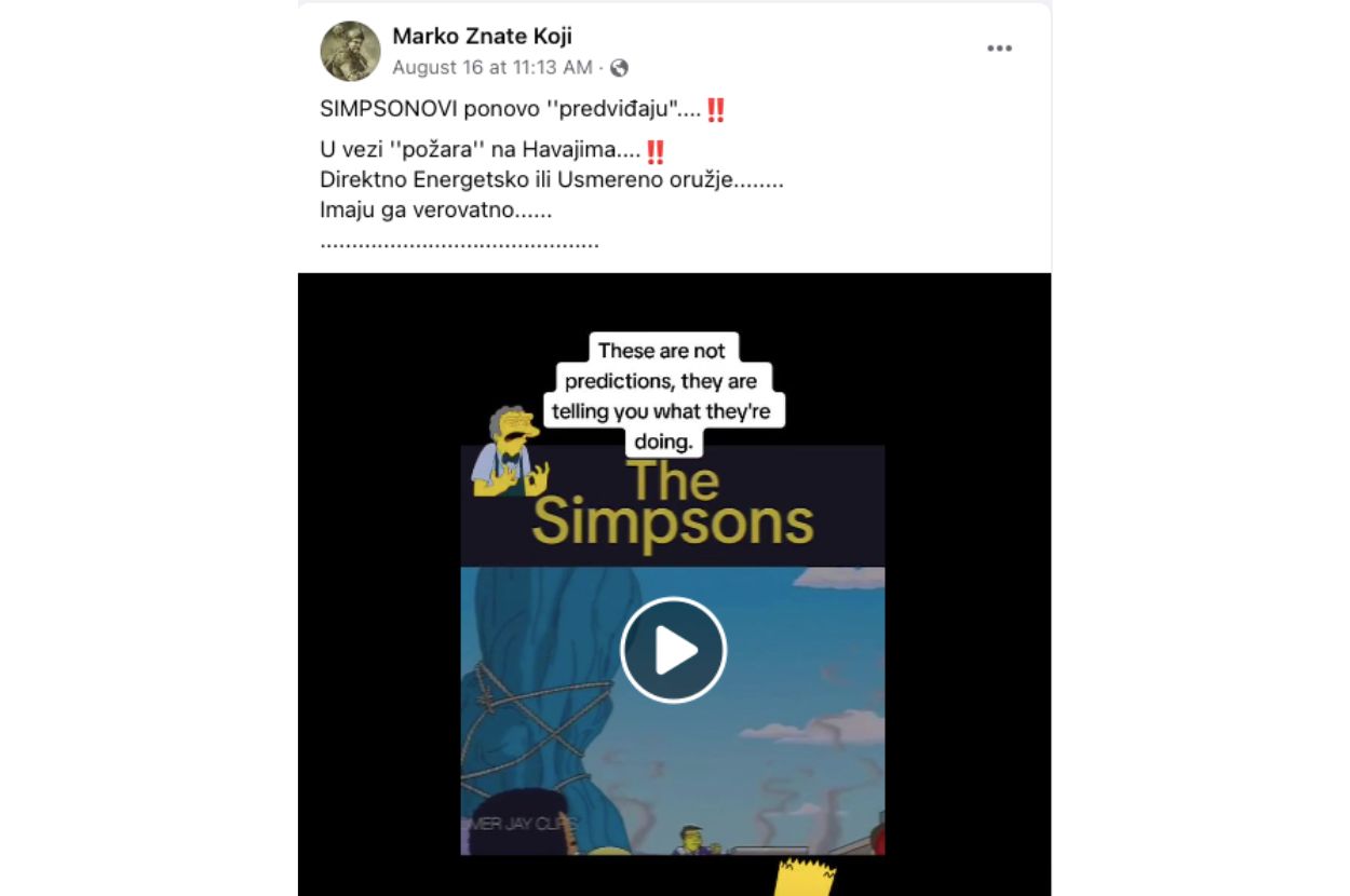 Screenshot Fejsbuk objave o predviđanjima Simpsonovih