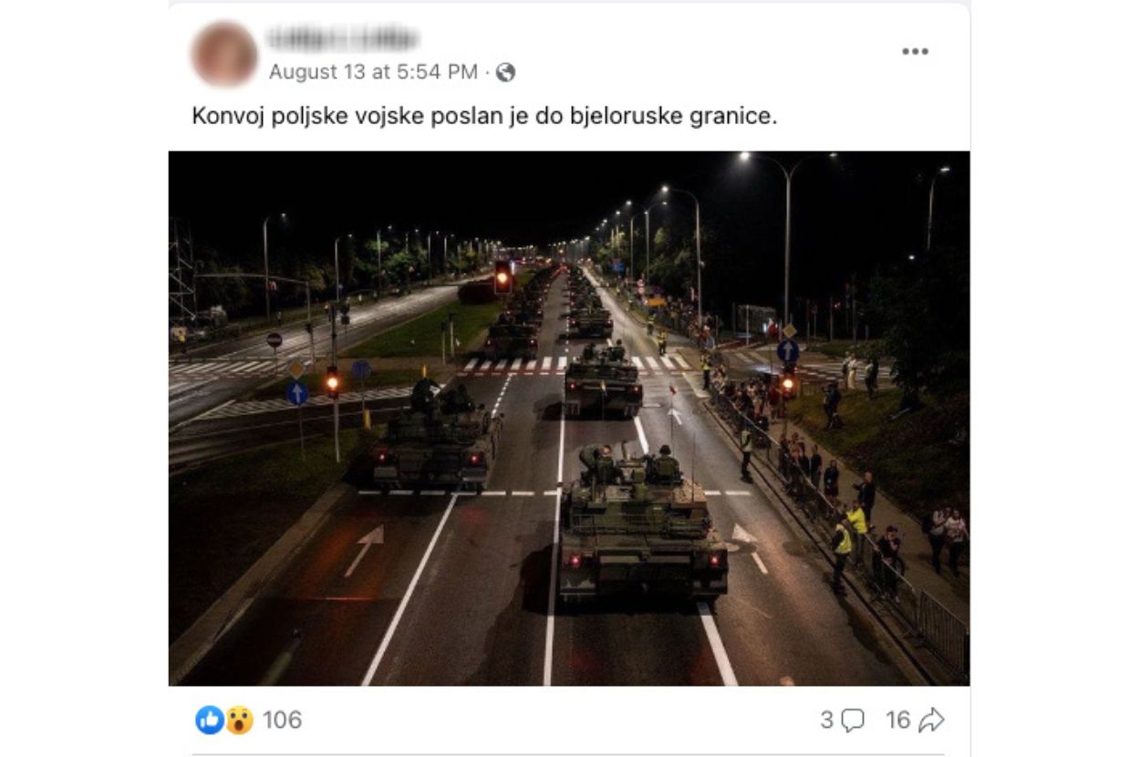 Screenshot Fejsbuk objave sa fotografijom tenkova, uz tvrdnju da je konvoj poljske vojske krenuo ka granici sa Belorusijom