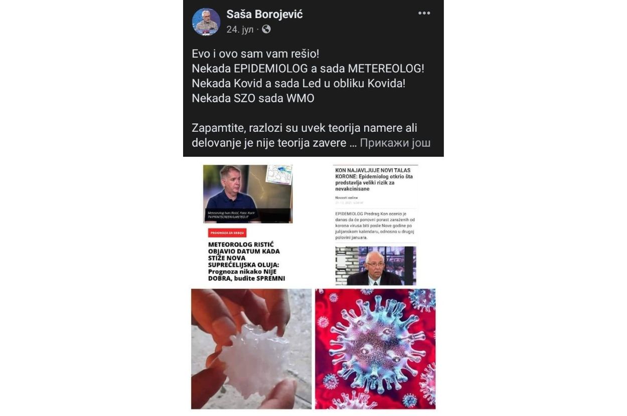 Screenshot Fejsbuk obajve Saše Borojevića o vezama između superćelijske oluje i kovida