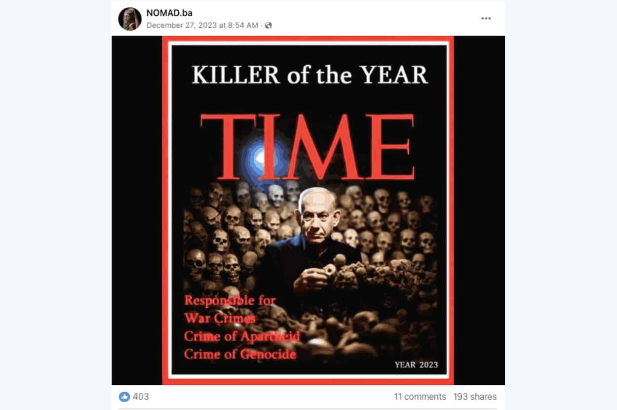 Screenshot lažne naslovne strane sa Benjaminom Netanjahuom