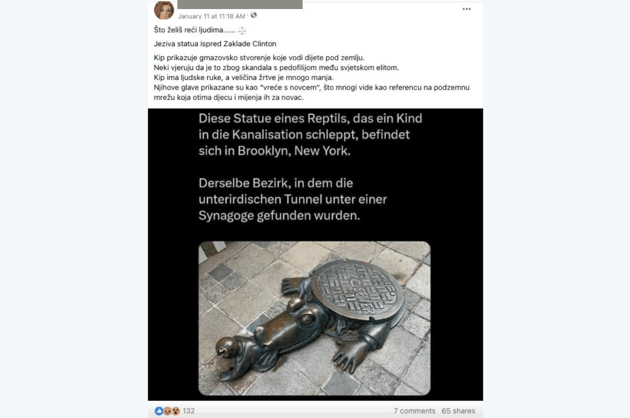 Slika Facebook objave o Bronzanoj skulpturi aligatora u Njujorku