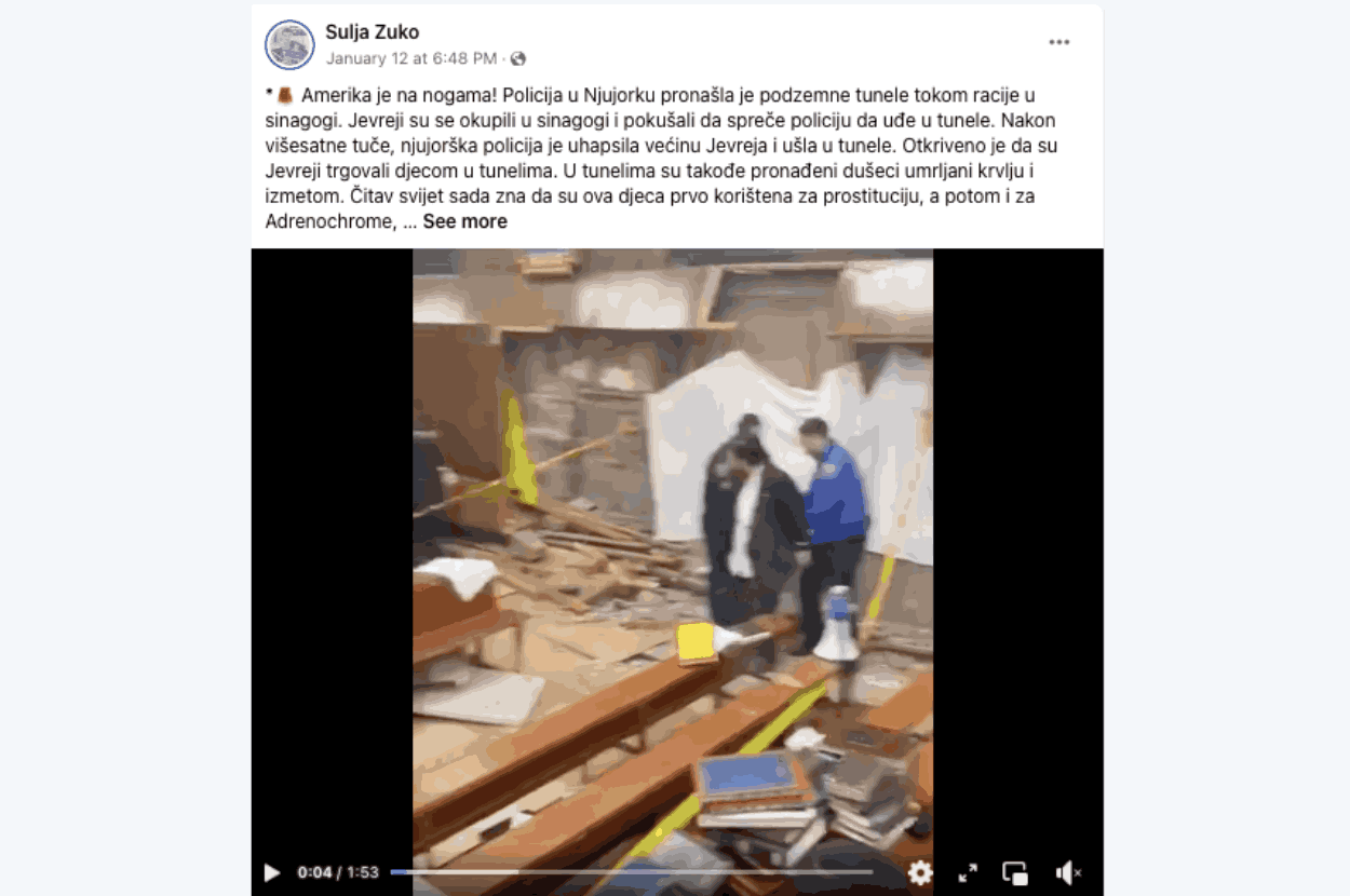 Slika Facebook objave o tunelu ispod sinagoge u Njujorku