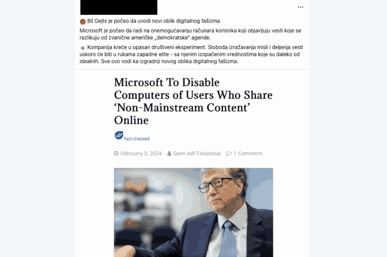 Screenshot facebook objave o Bil Gejtsu i onesposobljavanju računara