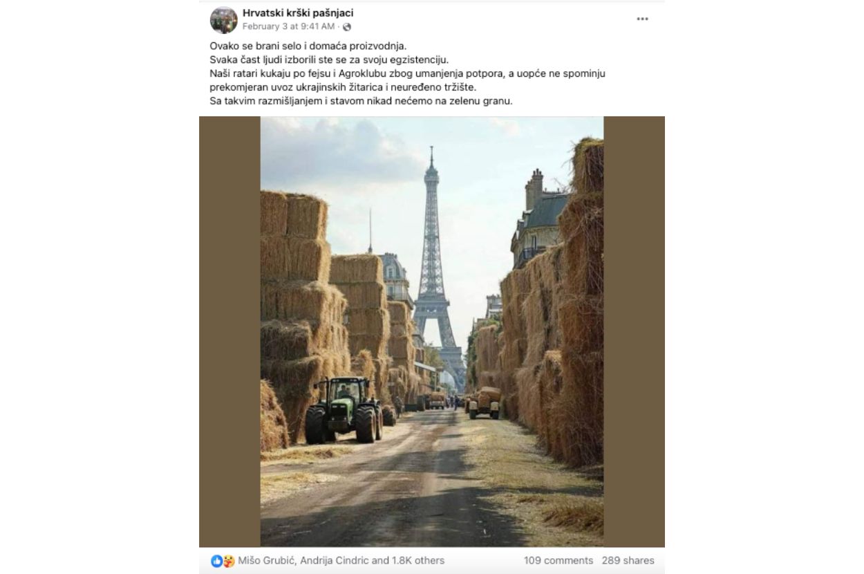 Fotografija Pariza generisana uz pomoć AI alata; objava na Fejsbuku