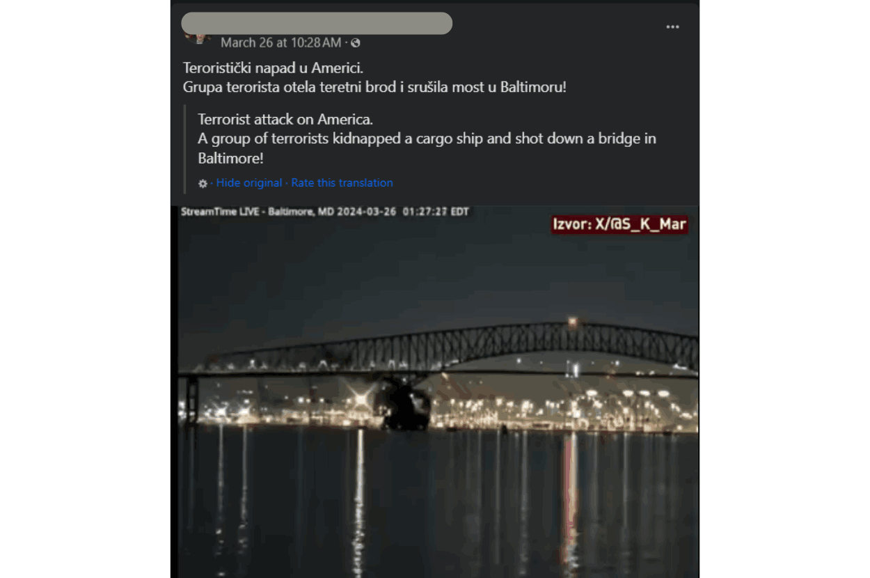 Fejsbuk objava o urušavanju mosta u Baltimoru 2